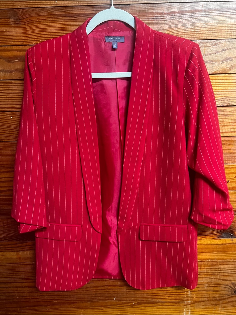 Madison Red Pinstripe Blazer Women’s Medium Ruched 3/4 Sleeve